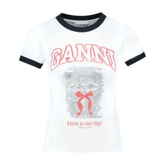 Ganni Kitty Print Cotton T-Shirt - white