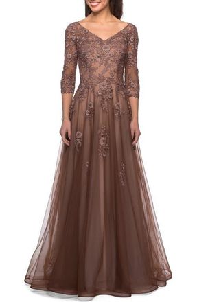 La Femme A-line Tulle Gown with Floral Lace Detail and V-Neck in Cocoa at Nordstrom, Size 12