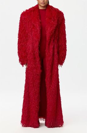 Naked Wardrobe Long Faux Feather Coat in Ruby Red at Nordstrom, Size X-Small