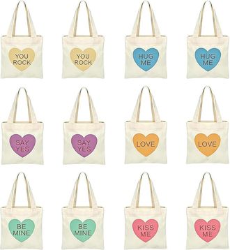 Generic Mini Conversation Heart Canvas Bags,2026 New Adorable Reusable Heart Canvas Gift Tote Bags,Valentines Gift for Women,6/12 PCS (12 PCS)
