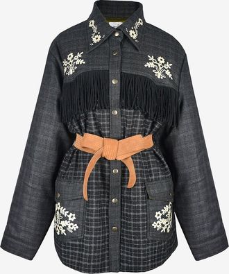 Monoki Karierter Halbmantel mit Fransen Lasso