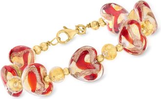 Ross-Simons Italian Multicolored Murano Glass Heart Bracelet in 18kt Gold Over Sterling
