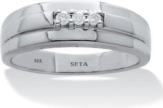 Palm Beach Jewelry Mens.09 TCW Platinum-Plated Sterling Silver 3-Stone Diamond Band