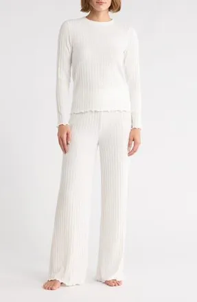 Yogalicious Brushed Ribbed Long Sleeve Top & Pants Pajamas in White Dove at Nordstrom Rack, Size Large