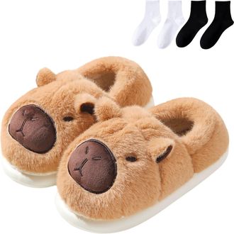 Generic Capybara Slippers, Cute Plush Cartoon Slippers, Fuzzy Plush Slides, Winter Warm with Non-slip Thick Sole (Brown-B, One Size, Adult, Women, 6.5, Numeri