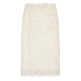 Dries Van Noten Rokken, Dames, Wit, S, Fringe Midi Rok Reliëf Afwerking