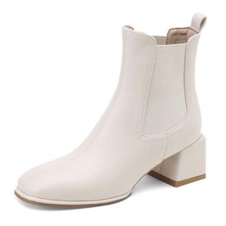 Generic Womens Chelsea Ankle Boots Square Toe Elastic Side Panels Chunky Block Heels Pull Tab Smooth Upper Soft Lining Cushioned Insole Durable Outsole,Beige,