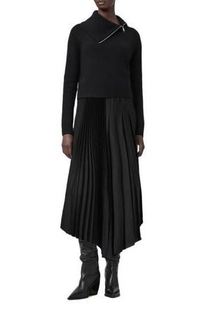 AllSaints Jax Sweater & Pleated Satin Dress Set in Black at Nordstrom Rack, Size X-Small