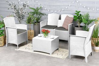 Dmora Conjunto De Sal&oacute;n Exterior T, Conjunto De Jard&iacute;n Con Cojines, Conjunto De Sal&oacute;n Interior Efecto Rat&aacute;n, 100% Made In Italy, Blanco - Dmora