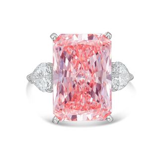 Diana M. Jewels Platinum Lab grown 8ct Fancy pink radiant diamond ring with heart diamonds on the side and micropave band