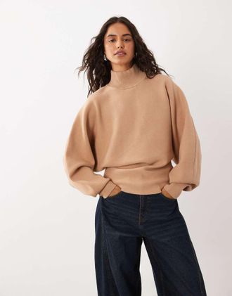 Asos premium maglione compatto con collo alto e maniche a pipistrello color cammello-Neutro
