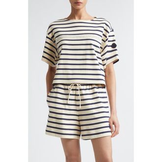 Moncler Nautical Stripe Ventilated Crop T-Shirt in White/Blue at Nordstrom, Size Xx-Large