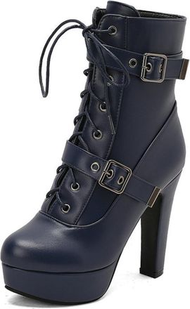 Generic Womens Front Lace Up Mid-Calf Combat Boots with Platform, Chunky Heel,Buckle Straps,Blue,1.5 UK