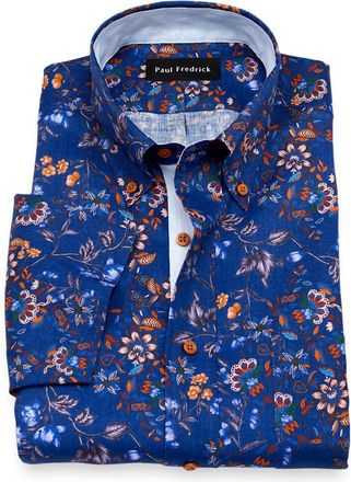 Paul Fredrick Slim Fit Non-iron Linen Floral Dress Shirt With Contrast Trim