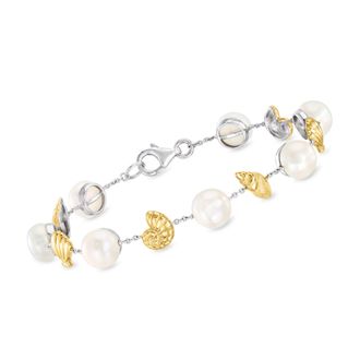 Ross-Simons 8-8.5mm Cultured Pearl Seashell Bracelet in Sterling Silver and 18kt Gold Over Sterling