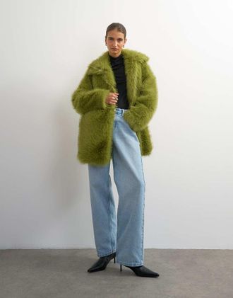 Topshop cappotto midi in pelliccia sintetica verde