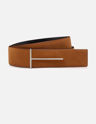 Tom Ford Mens NUBUCK REVERSIBLE 38MM T BELT - Brown - Size: 100