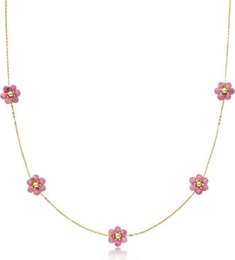 Ross-Simons Pink Tourmaline Bead Flower Station Necklace in 14kt Yellow Gold