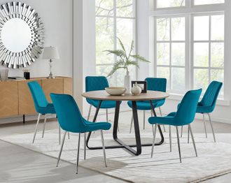 Furniturebox Santorini Brown Round Dining Table & 4/6 Pesaro Silver Leg Chairs in Blue