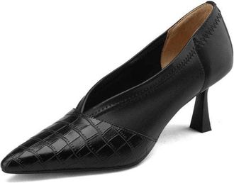 TinaCus Womens Pointed Toe Genuine Leather Handmade V-Cut Slip On Mid Kitten Heel Office Pumps Shoes, Black, 5.5 UK