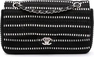 Chanel Borsa a spalla Classic Tweed Striped Ribbon Double Flap media 2014 - Nero