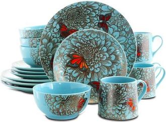 Elama Butterfly Garden 16 Piece Stoneware Dinnerware Set in Blue at Nordstrom
