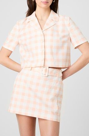 French Connection Gingham Crop Linen Blend Shirt in Seashell Gingham at Nordstrom, Size 12