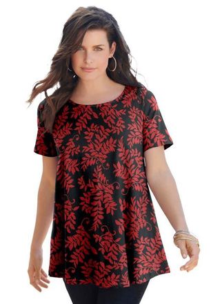 Roaman's Plus Size Ultimate Cotton Crewneck Short Sleeve Swing Tee in Black Red Leaves at Nordstrom, Size Medium