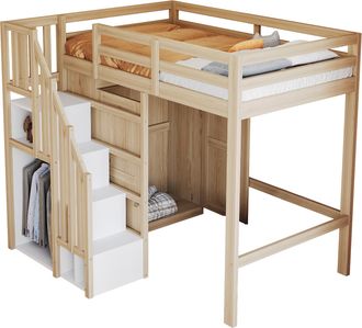 STILVORA Cama Alta Individual Con Escalera De Almacenaje, Armario Y Barra, 90 &times; 200 Cm, Sin Colch&oacute;n