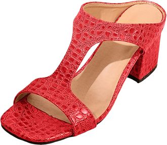 Generic Womens Classic Open Toe Mid Heel Shoes T-Strap Chunky Heel Sandals Dressy Casual Summer Sandals for Women Party Non Slip Rubber Outsole Slippers (Red,