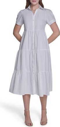 Calvin Klein Short Sleeve Cotton Tiered Maxi Dress in White at Nordstrom Rack, Size 12