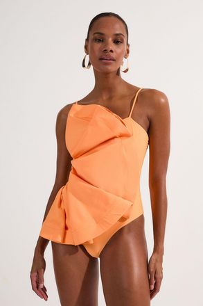 Karen Millen Womens Drama Ruffle Strappy High Leg Swimsuit - Orange Polyamide - Size X-Small