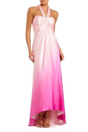 Mac Duggal Charmeuse Tie Halter Neck Ombre Gown in Pink Ombre at Nordstrom, Size 10