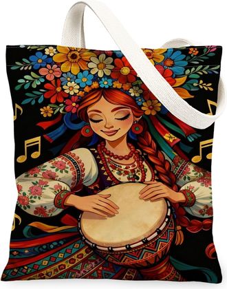 Generic Floral Canvas Tote Bags, Bohemian Vintage Print Reusable Grocery Bags, Summer Artistic Design Lightweight Washable Shoulder, Black, 13x15 Inch