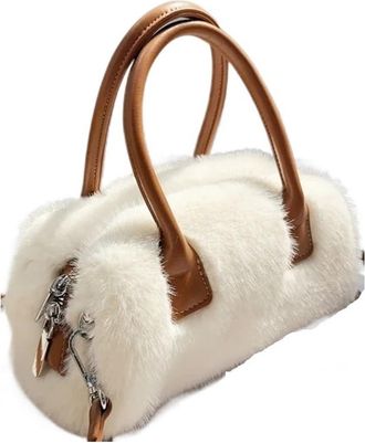 Generic Compatible For Soft Plush Handbags Fashion Faux Fur Tote Shoulder Bag Handle Furry Fluffy(White B)
