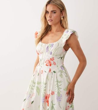 New Look Petite Vestito midi in bengalina color panna con stampa a fiori-Bianco