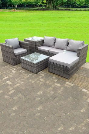 Fimous Lounge Rattan Sofa Set With 2 Table Stool Outdoor Furniture Side Table in Dark Grey