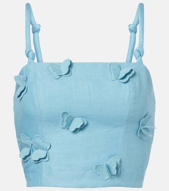 Farm Rio Patch-appliqu&eacute; linen crop top