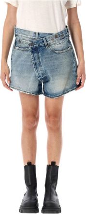 R13 Korte Broeken, Dames, Blauw, W25, Denim, Blauwe Crossover Denim Shorts Distressed Finish