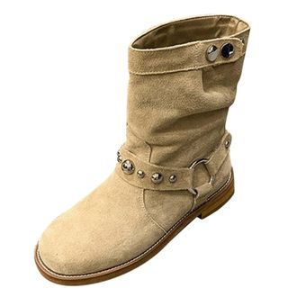 Generic cfpqv Ankle Boots Womens High Suede Womens Ankle Boots Flat Cowboy Western Boots Pointed Cowboy Boots Outdoor Mid Tube Boots Comfortable Wide Shaft Bo
