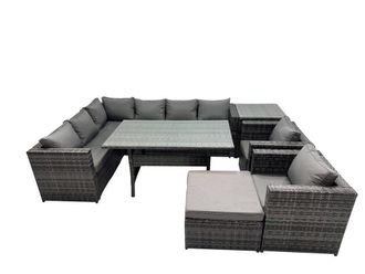Fimous Outdoor PE Rattan Sofa Set with with Big Stool Side Table in Dark Grey