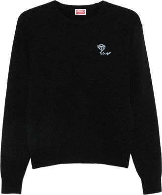 Kenzo Tulip Logo-Geborduurde Ribgebreide Katoenen Trui - Dames - Ronde hals truien - Zwart - S - Katoen - Truien & Vesten