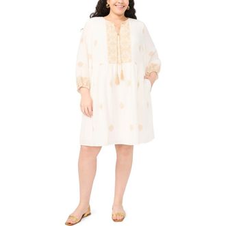 Vince Camuto Medallion Print Split Neck Minidress in Camel at Nordstrom, Size 3 X