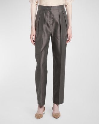 Giorgio Armani Shantung Silk Pleated Straight-Leg Trousers