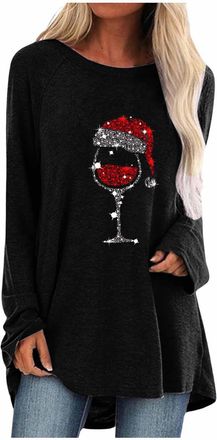 Generic Christmas Tops for Women UK, Red Wine Glass Printed Long Sweatshirt UK Ladies Novelty Graphic Pullover Casual Long Sleeve Jumper Xmas Snowflake Print 