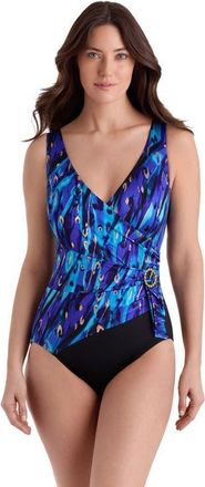 Longitude Buckle Shirred Surplice Long Torso One-Piece Swimsuit in Gilded Panthera at Nordstrom, Size 16