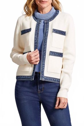 Tribal Fancy Sweater And Denim Jacket With Pockets In Eggshell