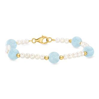 Ross-Simons 4mm Cultured Pearl and Milky Aquamarine Bead Station Bracelet With 18kt Gold Over Sterling