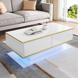 Merax 100cm High-Gloss Coffee Table with Gold Accents, 3 Drawers & LED in White