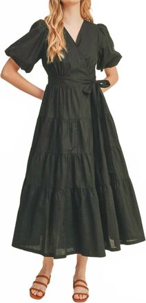 Merci Tiered Wrap Dress With Puff Sleeves In Black